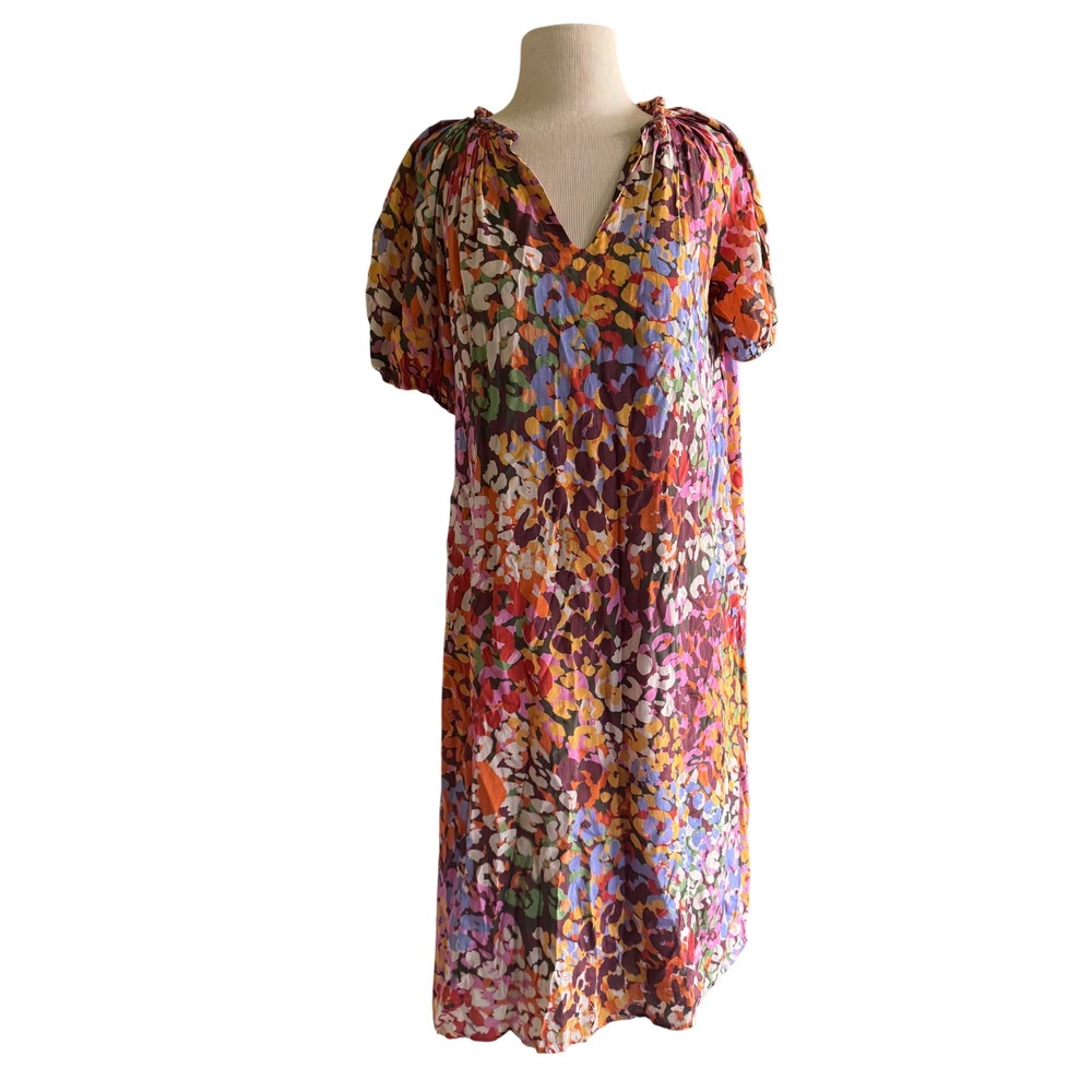 Velvet by Graham & Spencer Abstract Floral Midi Dress Multi Color Puff Sleeve XS